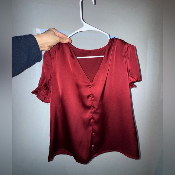 Elegant Burgundy V-Neck Blouse satin frill button front puff sleeve office night - Picture 9 of 11